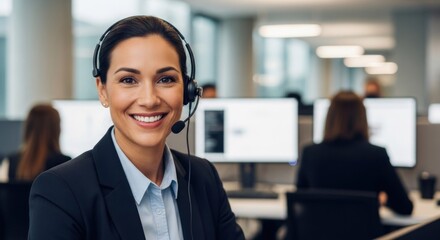 Smiling woman with headset in an office, looking at the camera