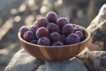 Obraz premium A wooden bowl filled with ripe, purple plums, resting on a rough, textured rock in soft sunlight.