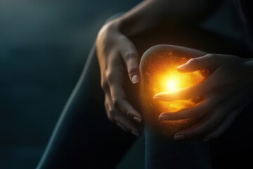 Close up of a woman's glowing knee being held by both hands, , ideal for wellness, pain relief, or joint care topics.