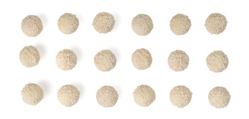 Coconut candies isolated, coco balls set. White truffle ball, indian ladoo or laddu with sweet cream