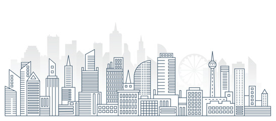 Fototapeta premium Panorama urban modern city landscape with high skyscrapers, thin line flate city landscape vector illustration