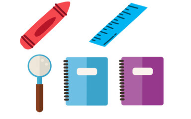 Back to School Icon Set - Magnifying Glass, Crayon, Ruler, Notebook - School Supplies Clipart Illustration