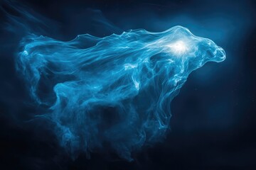 A luminous blue nebula swirls in the darkness, resembling a celestial apparition with a bright focal point, creating a sense of cosmic mystery.