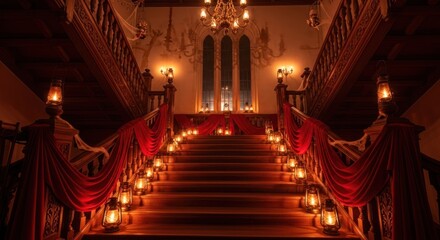 Obraz premium Spooky, ornate staircase decorated with candles and draped red fabric