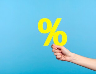 Hand holding a yellow percentage sign against a light-blue background