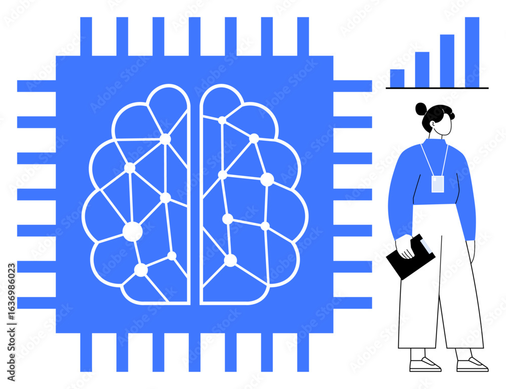Poster neural network brain inside processor, professional with clipboard, and bar chart. ideal for ai, tec