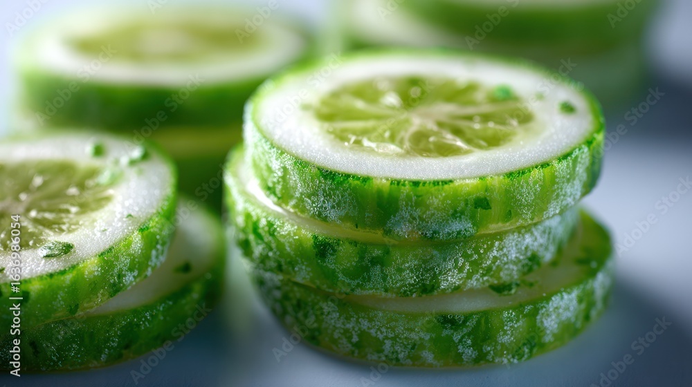 Poster stacked, backlit, translucent lime slices showing segments and textures