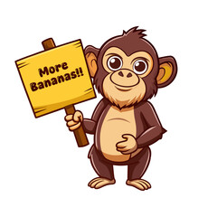 Funny cartoon monkey holding protest sign reading “More Bananas!” – humorous animal rights vector illustration for playful designs and merchandise