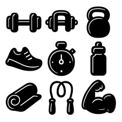 Set of 9 solid black gym icons including kettlebell, water bottle and yoga mat. Clean filled vector, thick lines, transparent background.