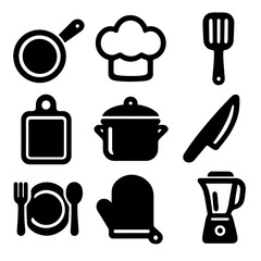 Set of 9 solid black kitchen icons including blender, pot and cutting board. Clean filled vector, thick lines, transparent background.

