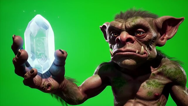 Detailed Portrait of Mythical Green Skin Troll Examining a Glowing Crystal Gem on a Green Screen Background Perfect for Visual Effects and Fantasy Genre Compositing Project and Animation Adventure