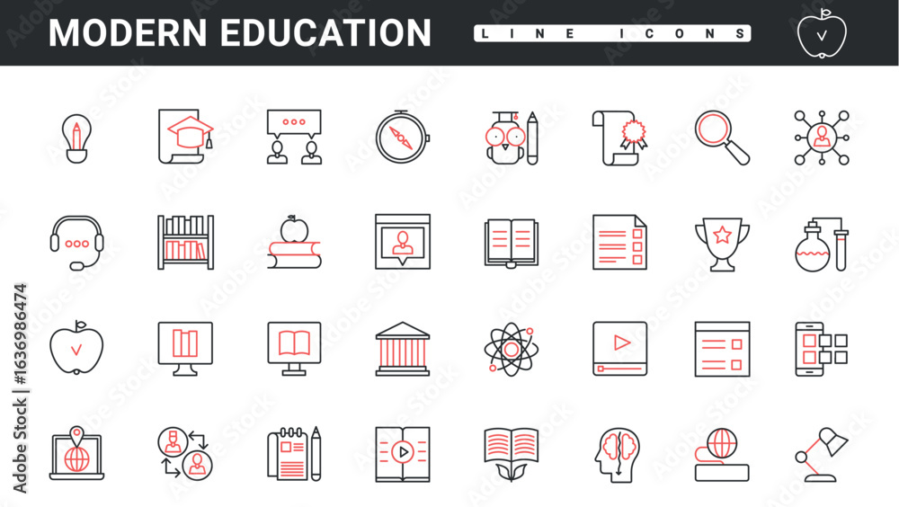 Aufkleber modern education technology thin red and black line icons set vector illustration. abstract data sci