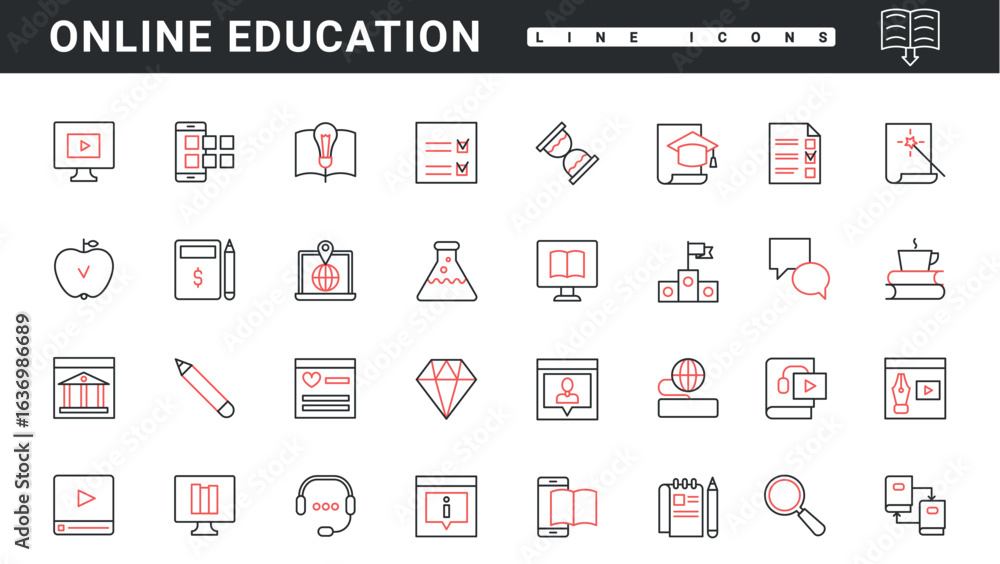 Aufkleber training courses, video tutorials and online library to study thin red and black line icons set vect