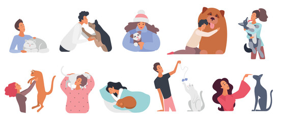 Set of happy people with their pets. Hugging dogs and playing cats, speding funny time with puppies cartoon vector illustration
