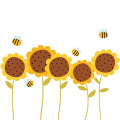  Background with sunflowers and bees. Vector illustration.