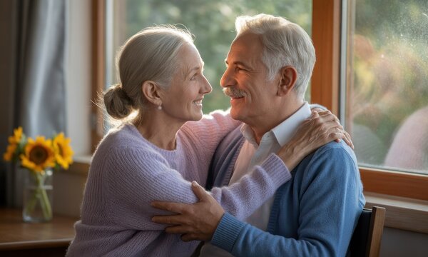 Affectionate senior couple embracing near a window.  Sunlight streams through, highlighting their faces.  Warm, loving interaction