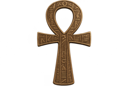 Ancient Egyptian ankh cross representing eternal life with hieroglyphs on transparent background