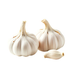 Obraz premium Photo of two garlic bulbs and a clove isolated on transparent background, close up