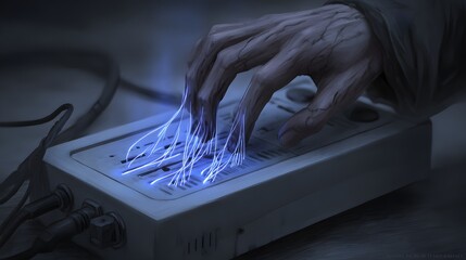 Aged hand interacts with a futuristic audio device.