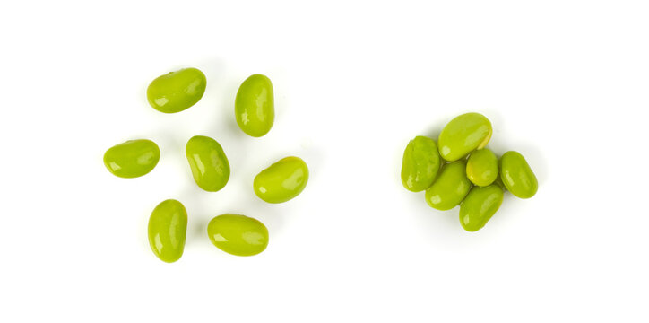 Edamame beans isolated. Green soy bean pile, cooked young soybean, boiled Japanese pea