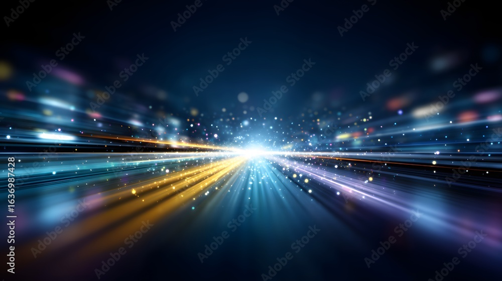 Poster dynamic light trails converge on a central point.