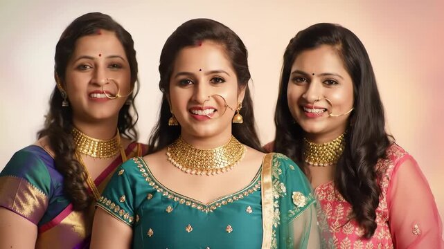 Three beautiful Indian women in traditional sarees and gold jewelry smiling together for a festival