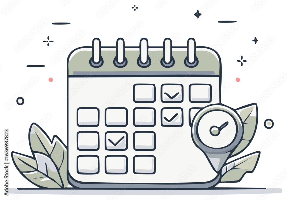 Poster doodle style calendar with checkmarks and clock symbolizing schedule and deadlines