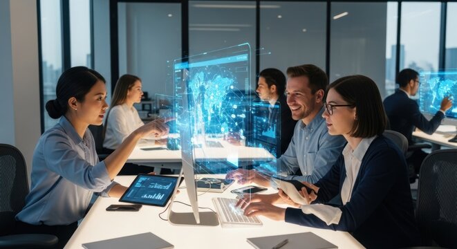 Business team collaborating on holographic displays - Powered by Adobe