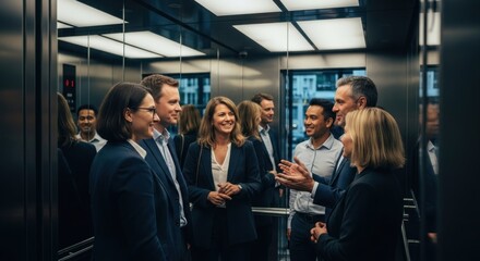 Businesspeople chatting in an elevator