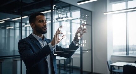 Businessman interacts with holographic interface in modern office