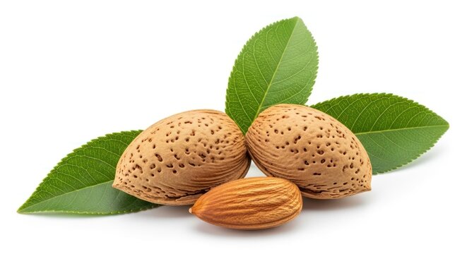 Three almonds & leaves in a triangular arrangement isolated on white