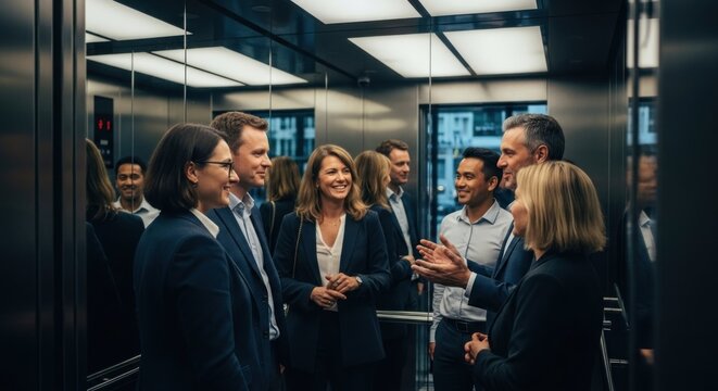Businesspeople chatting in an elevator - Powered by Adobe