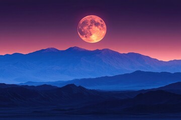Crimson moon rises over misty blue mountain ranges, casting an ethereal glow on the serene landscape at dusk.