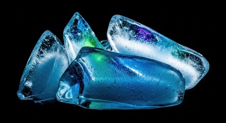 Translucent ice shards shine, cool colors against dark background