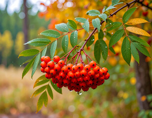 A close-up of a branch with clusters of bright red rowan berries. The leaves on the branch are partly still green, and partly have already begun to turn yellow and orange, indicating the onset of autu
