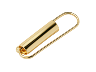 Close-up photography of minimalist golden paperclip workspace utility. Isolated on transparent background, png.
