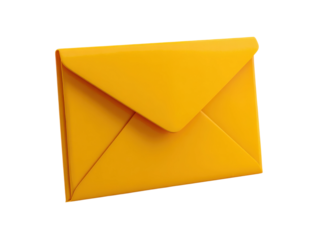 Sending bright yellow envelope office product photography studio. Isolated on transparent background, png.