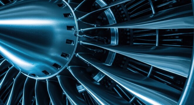 Turbine engine detail, blue tint, showing blades and mechanics close up