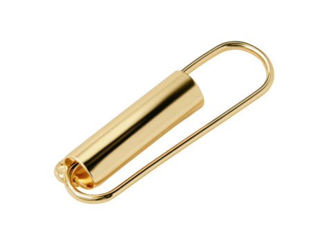 Close-up photography of minimalist golden paperclip workspace utility. Isolated on transparent background, png.