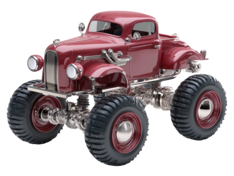 Vintage monster truck toy photography indoor close-up display. Isolated on transparent background, png.