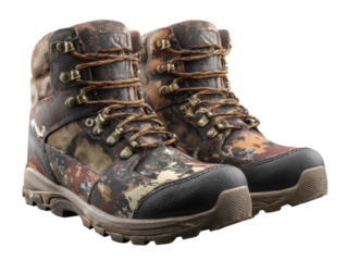 Outdoor adventure boots rustic trail photography and performance. Isolated on transparent background, png.