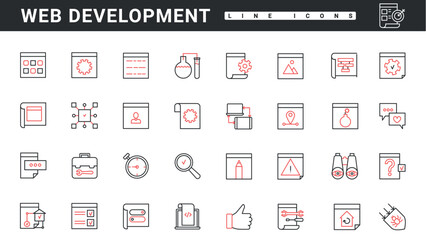 Web development technology thin red and black line icons set vector illustration. Abstract data research and management, creative digital design of application and interface usability planning