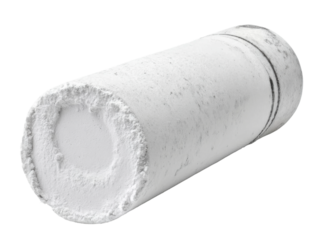Elevated perspective of indoor white plaster cylinder sculpture. Isolated on transparent background, png.
