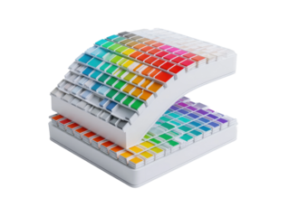 Colorful watercolor palette displayed in studio environment. Isolated on transparent background, png.