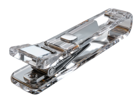 Efficient stapling action office product photography indoor close-up. Isolated on transparent background, png.