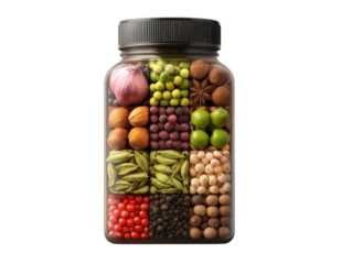 Colorful spices jar display kitchen food photography indoor top view. Isolated on transparent background, png.