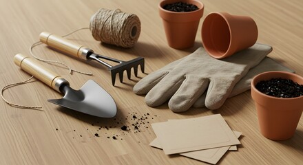 Awaiting the Gardener Tools Twine and Terracotta Pots on a Wooden Table.