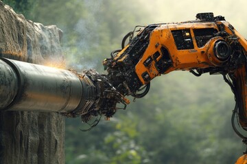 An orange robotic arm is welding a large metal pipe. Sparks and smoke are visible, with a forest background.