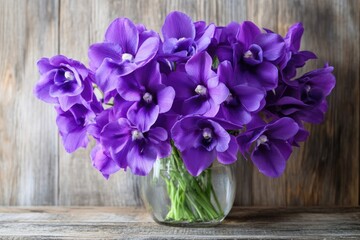 A vibrant bouquet of purple orchids sits in a glass vase against a rustic wooden backdrop.