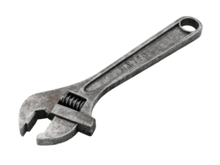 Adjustable wrench tools workshop metal equipment indoor close-up. Isolated on transparent background, png.
